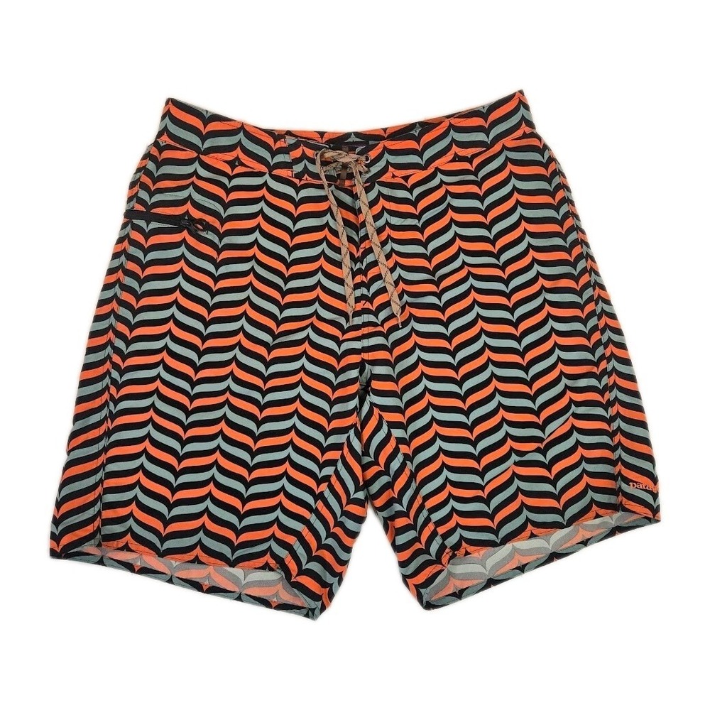PATAGONIA  Wavefarer Board Shorts Swim Trunks Orange &‎ Blue Print Men's Size 35